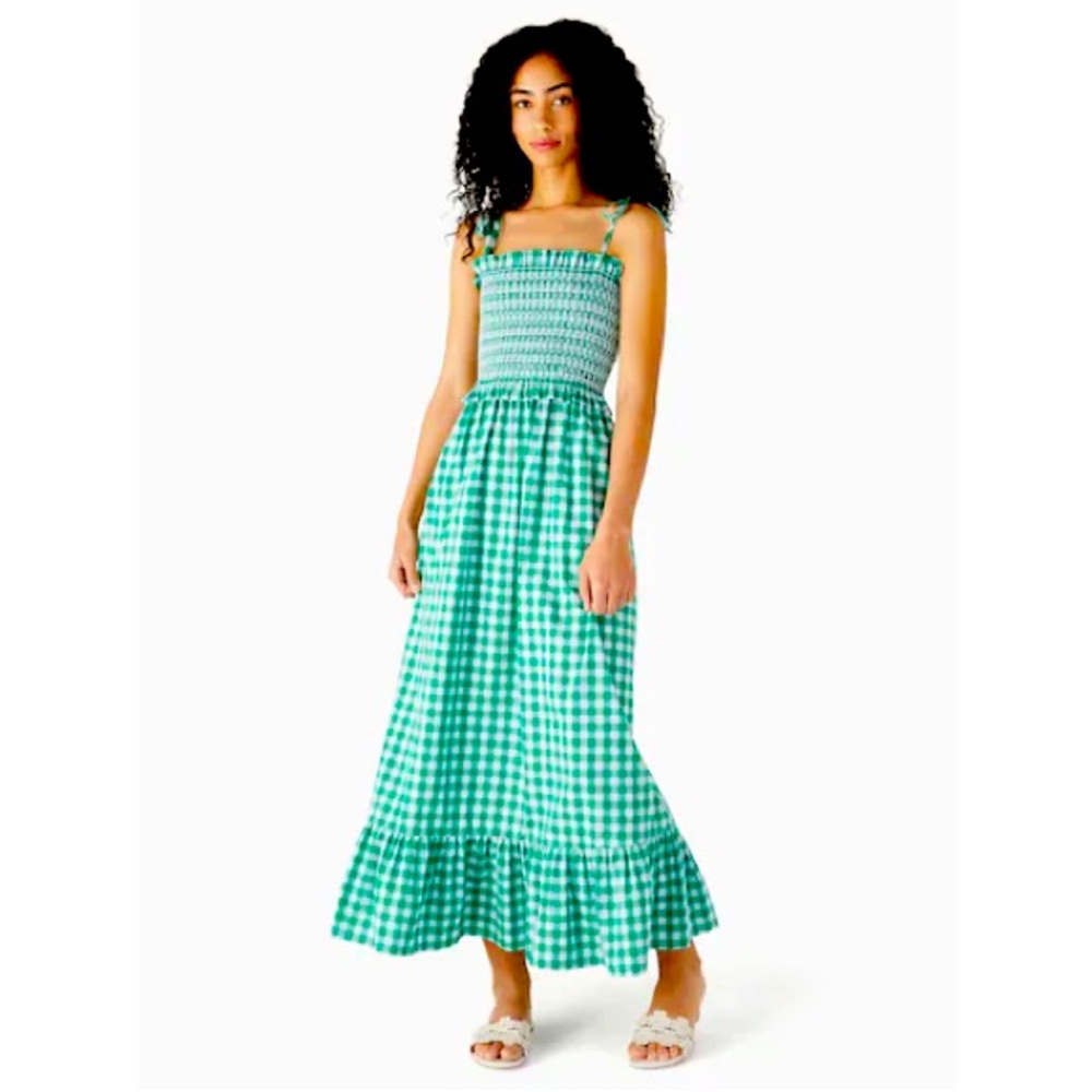 kate spade ♠️- $299 Gingham Smocked-bodice Dress, in “Wintergreen/Blue Glo”, L